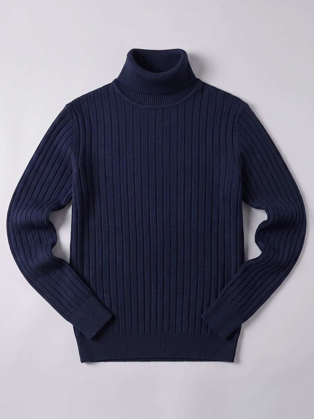 Navy men's turtleneck sweater laid flat, featuring a ribbed knit body, long sleeves, and ribbed cuffs and hem.