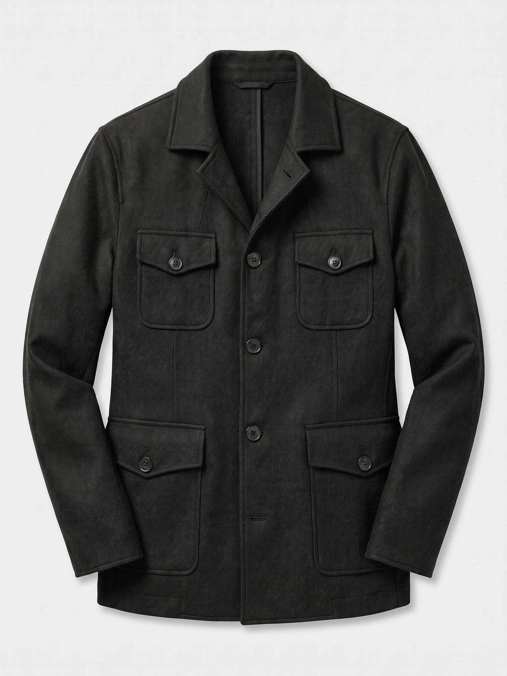 Black tweed jacket laid flat, featuring a notched collar, button front, and four flap pockets.