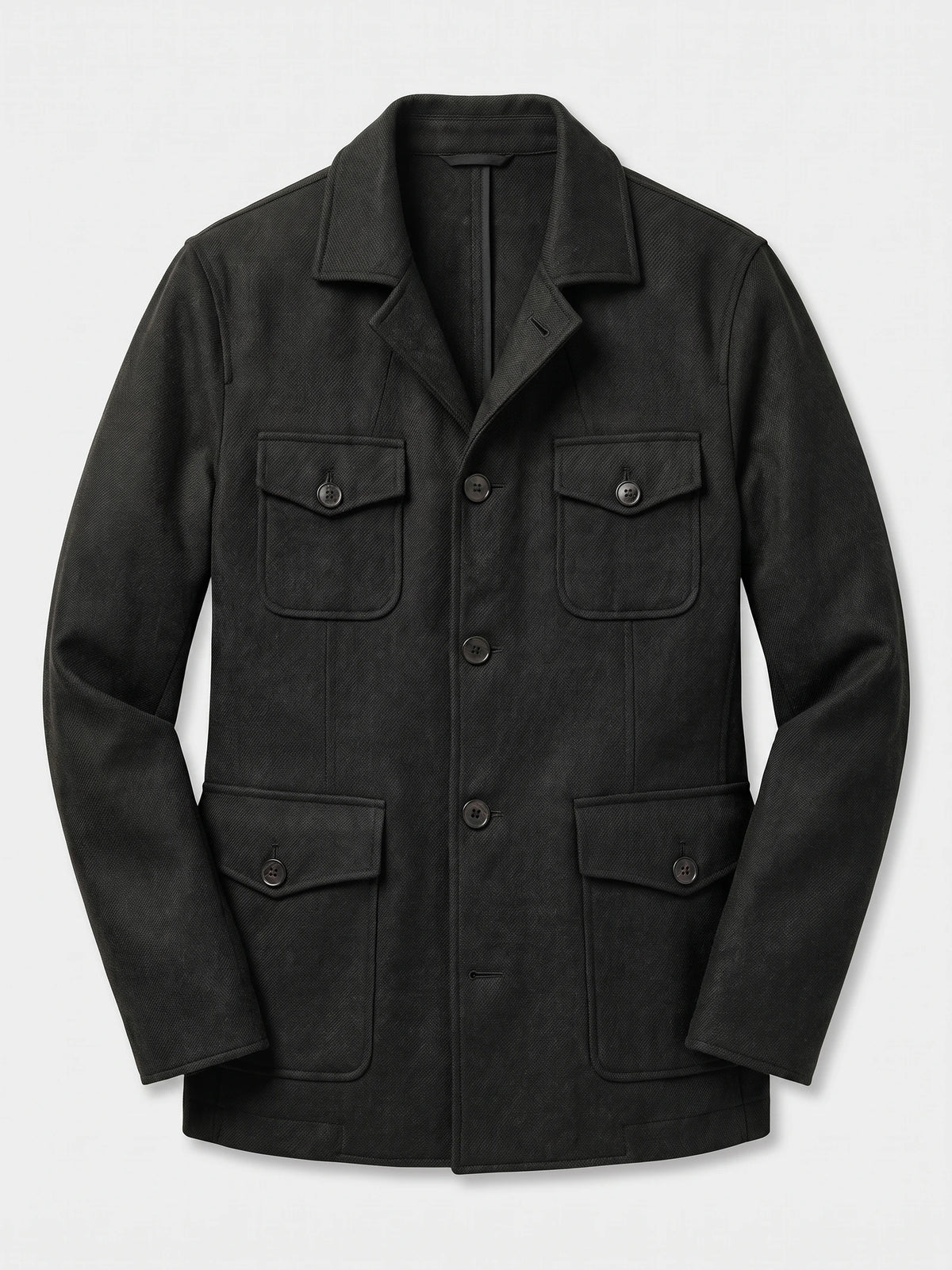 Black tweed jacket laid flat, featuring a notched collar, button front, and four flap pockets.