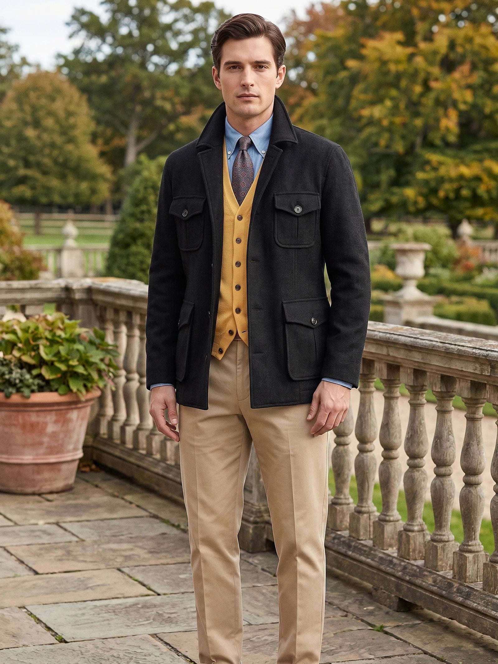 Model wearing a Black tweed jacket with flap pockets on a stone terrace overlooking a garden.