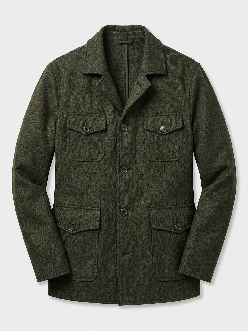Green tweed jacket laid flat, featuring a notched collar, button-front closure, and four flap pockets.