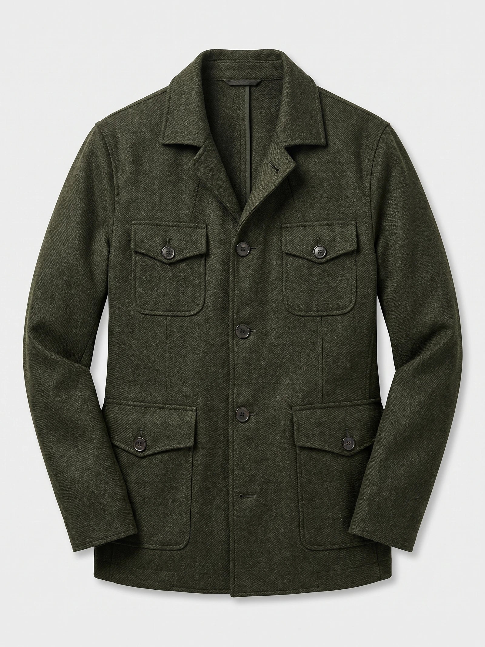 Green tweed jacket laid flat, featuring a notched collar, button-front closure, and four flap pockets.