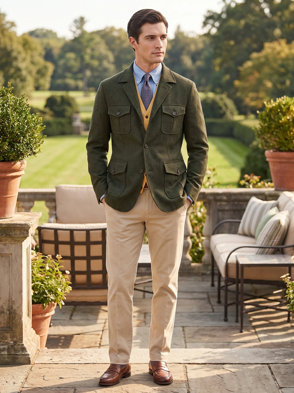 Model wearing a Green tweed jacket with four flap pockets on a sunlit garden terrace.