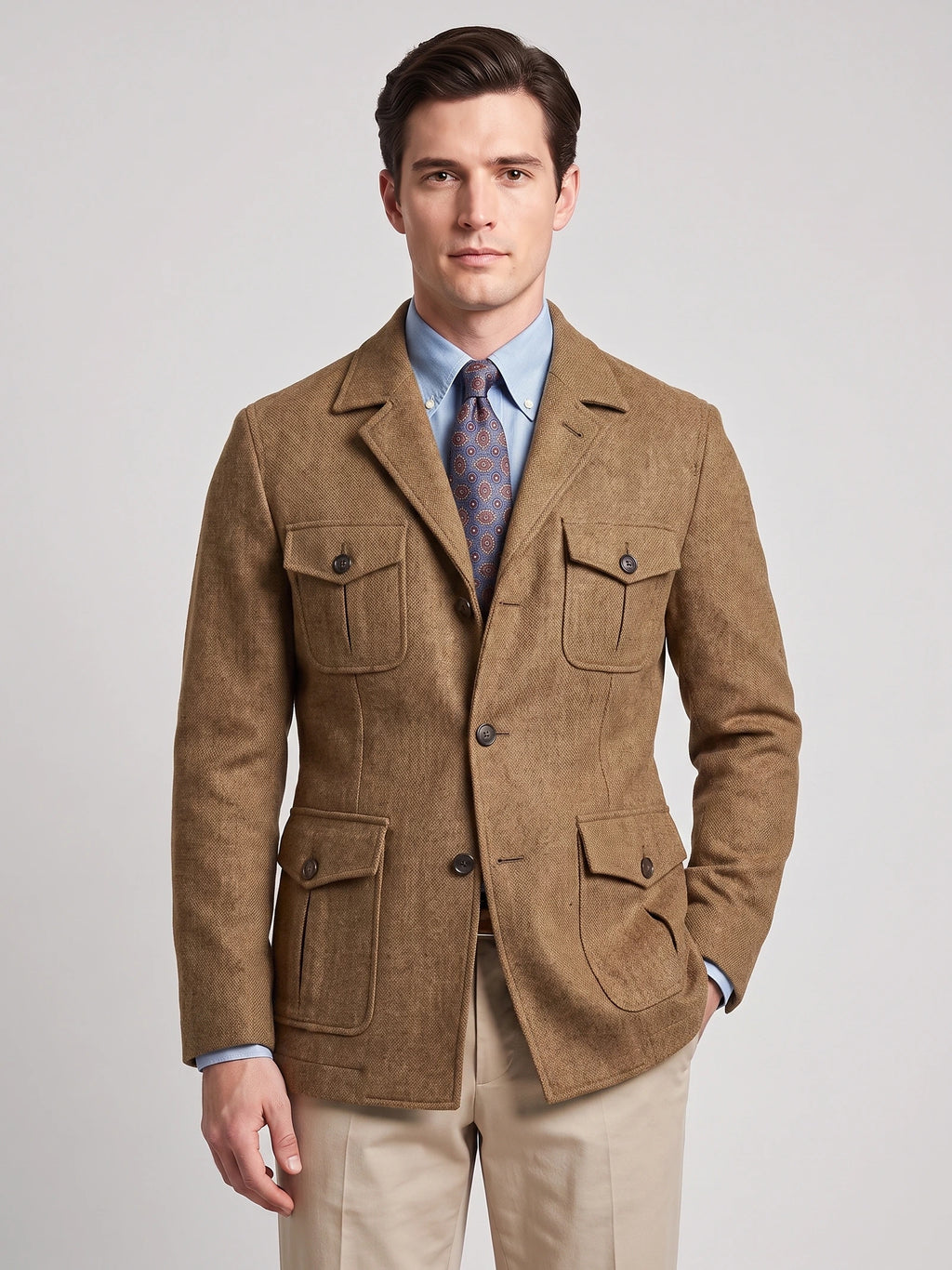 Front studio view of a model wearing a Khaki tweed jacket with notch lapels, button closure, and four flap pockets.