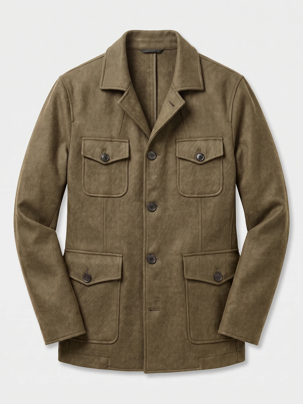 Khaki men's tweed jacket laid flat, featuring a notched collar, button-front closure, and four flap pockets.