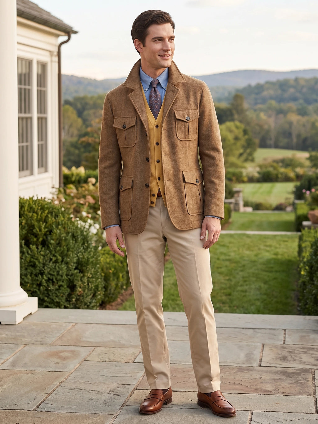 Model wearing a Khaki Tweed Jacket with four flap pockets on a stone terrace overlooking a landscaped countryside.