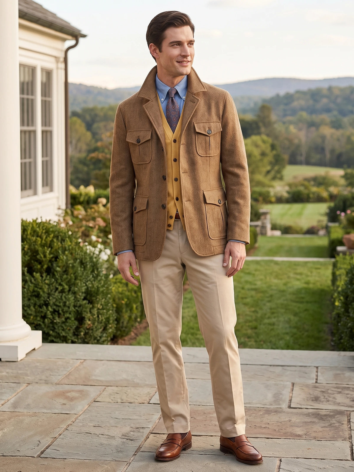 Model wearing a Khaki Tweed Jacket with four flap pockets on a stone terrace overlooking a landscaped countryside.