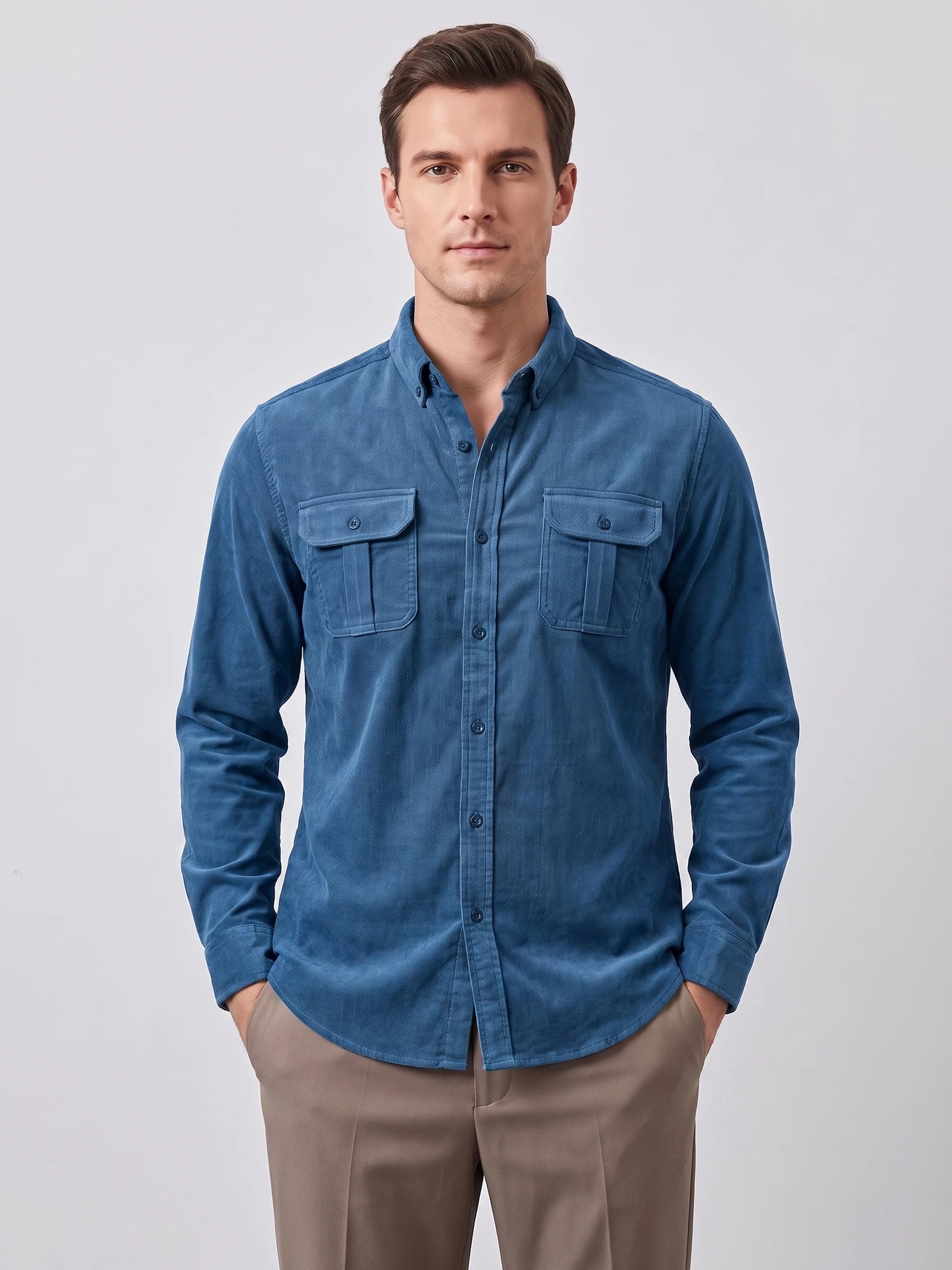 Front studio view of a model wearing a Blue Twill Tweed Shirt with a button-down collar and two button-flap chest pockets.