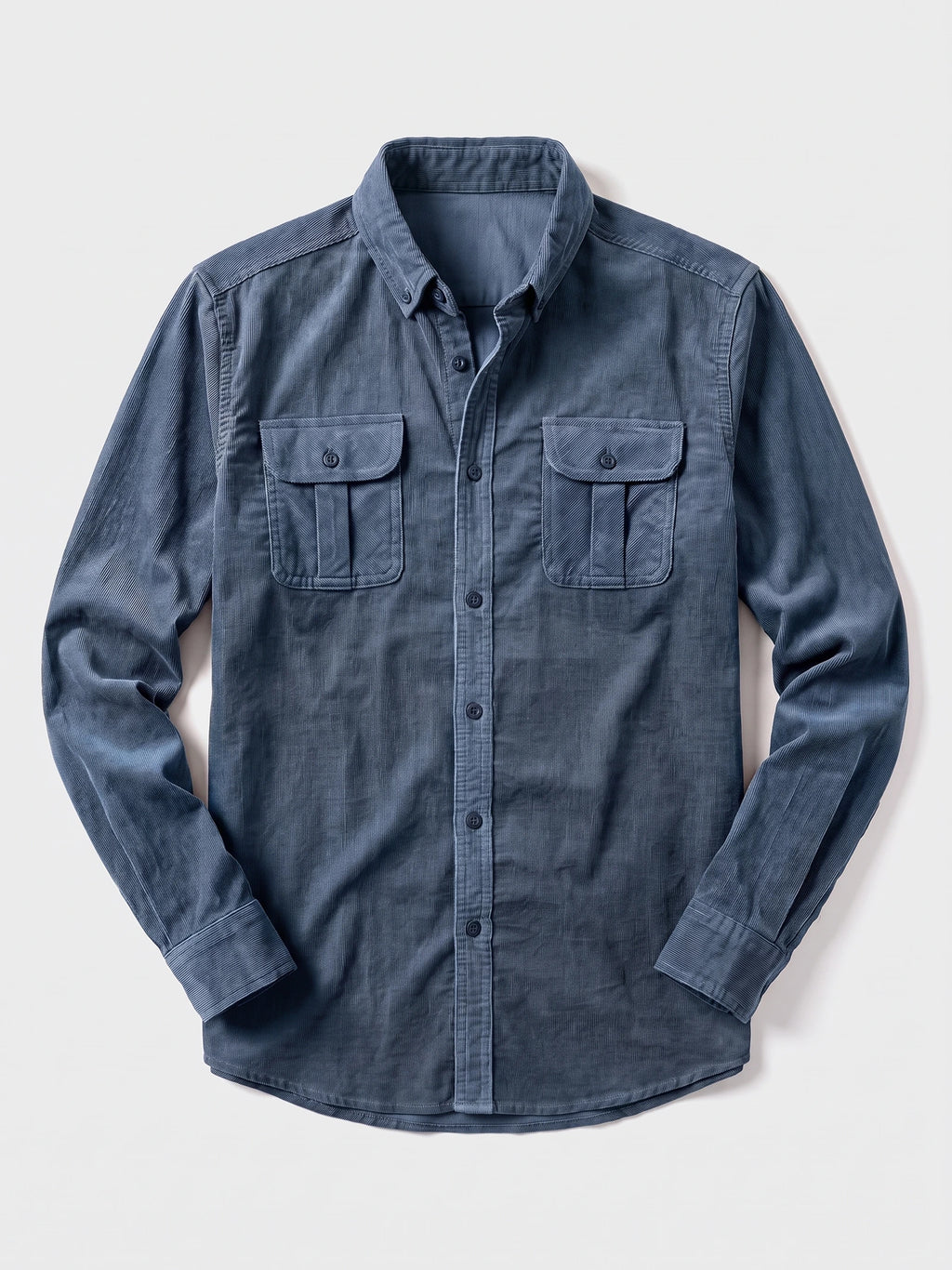 Blue Twill Tweed Shirt laid flat, featuring a button-down collar, front button closure, and two flap chest pockets.