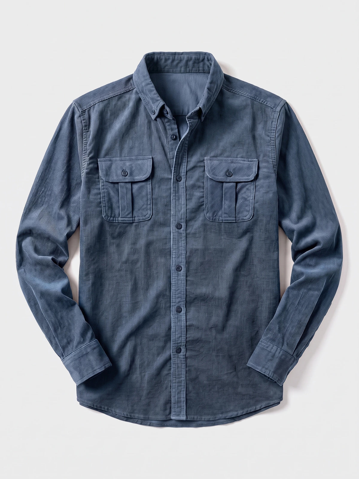Blue Twill Tweed Shirt laid flat, featuring a button-down collar, front button closure, and two flap chest pockets.