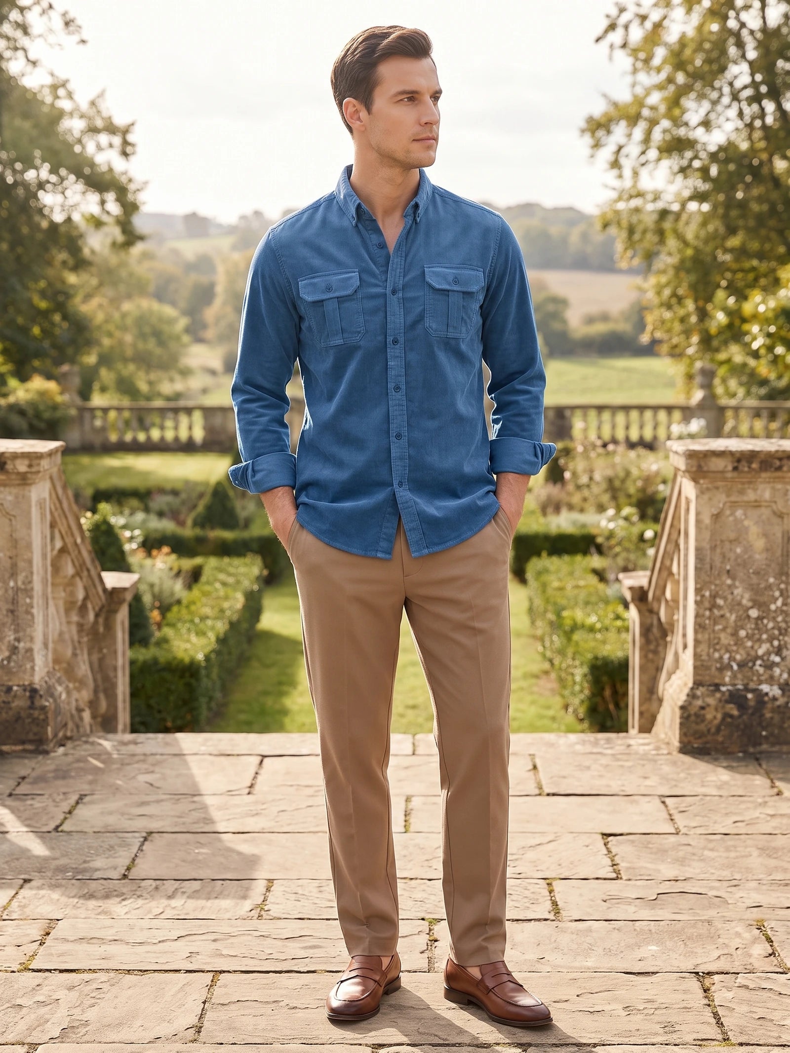 Model wearing a Blue Twill Tweed Shirt with rolled cuffs and button-flap chest pockets on a sunlit garden terrace.