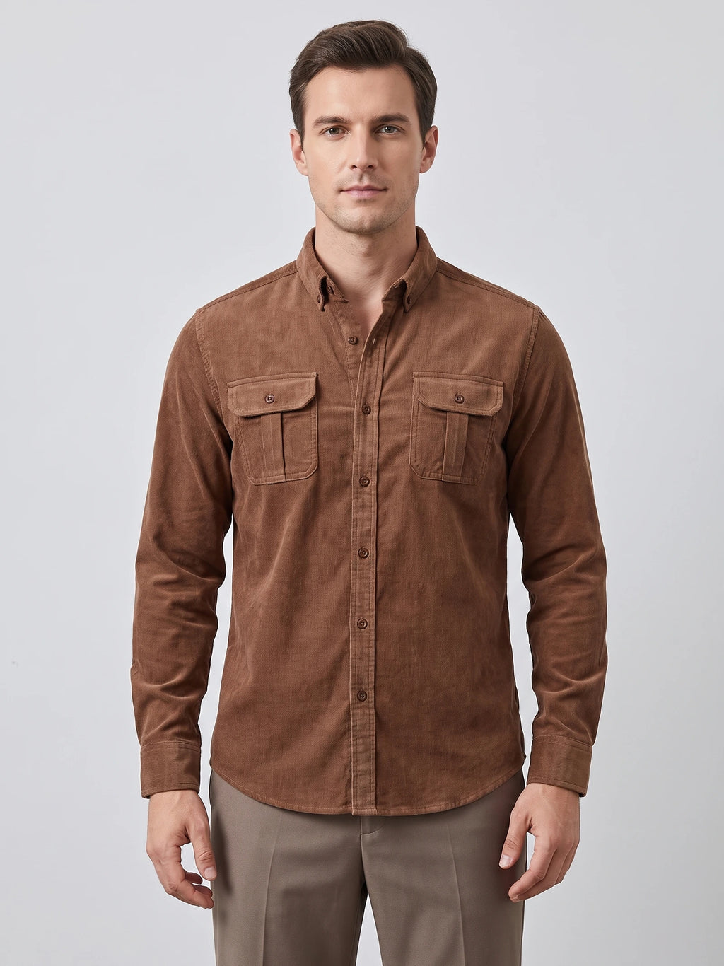 Front studio view of a model wearing a Brown Twill Tweed Shirt with a button-down collar and dual flap chest pockets.