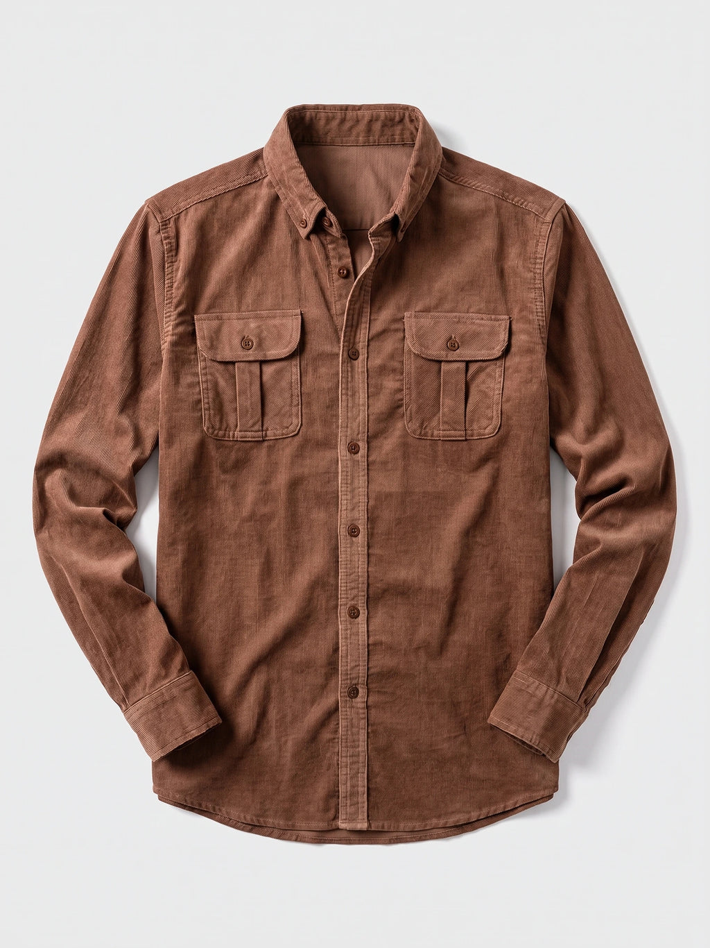 Brown Twill Tweed Shirt laid flat, featuring a button-down collar, button front, and two flap chest pockets.