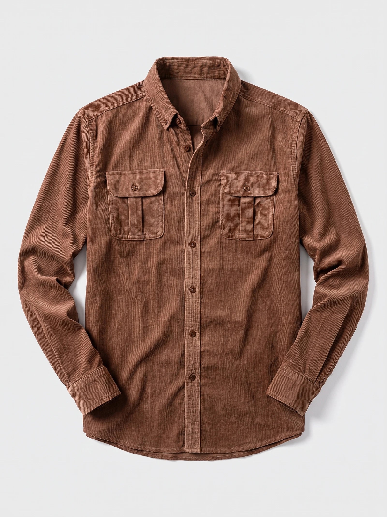 Brown Twill Tweed Shirt laid flat, featuring a button-down collar, button front, and two flap chest pockets.