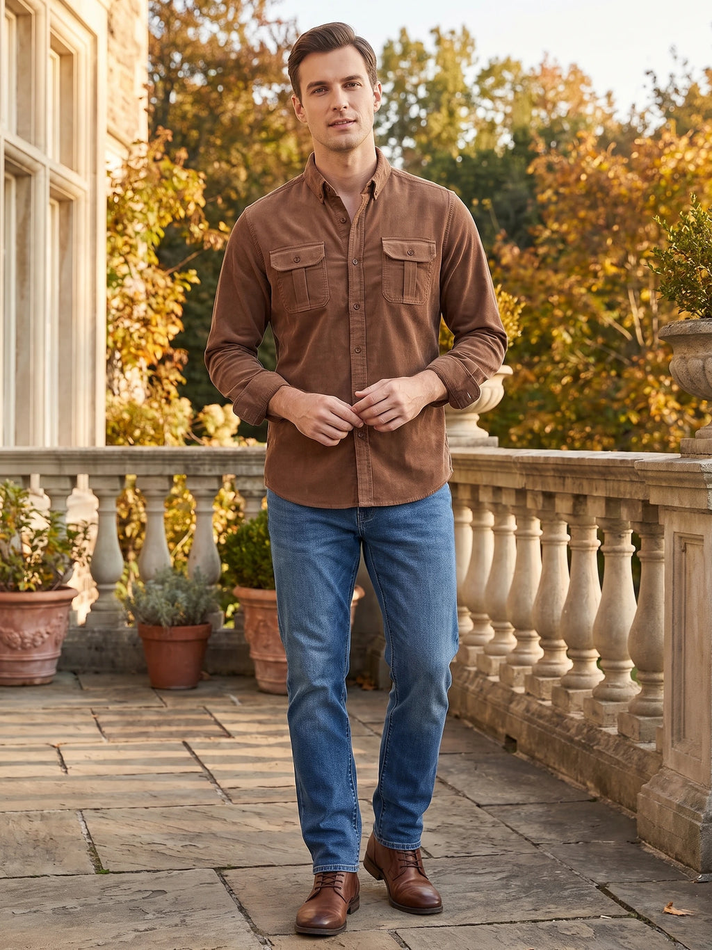 Man wearing a Brown Twill Tweed Shirt with button-flap chest pockets on a stone terrace beside autumn foliage.