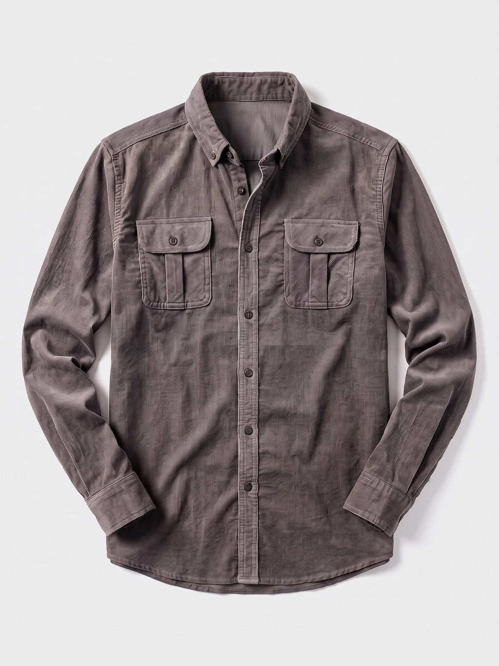 Gray Twill Tweed Shirt laid flat, featuring a button-down collar, front button placket, and two button-flap chest pockets.