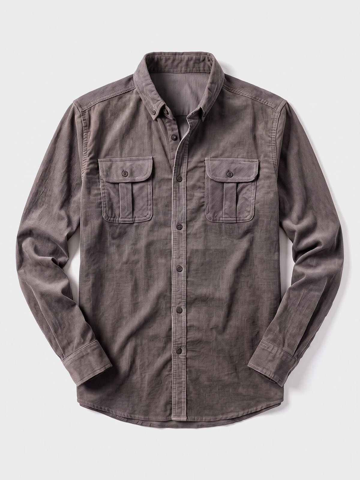 Gray Twill Tweed Shirt laid flat, featuring a button-down collar, front button placket, and two button-flap chest pockets.