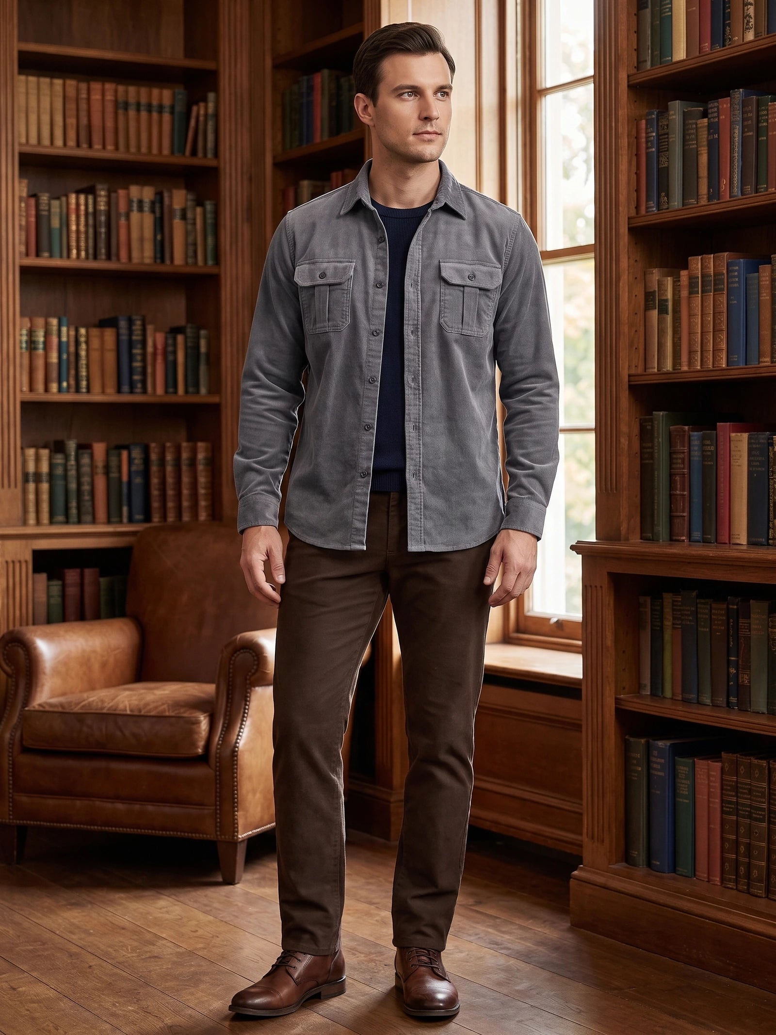 Model wearing a Gray Twill Tweed Shirt with button-flap chest pockets in a wood-paneled library.