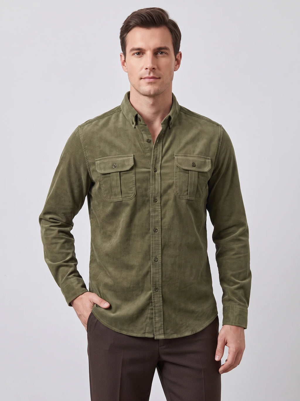 Front studio view of a model wearing a Green Twill Tweed Shirt with a button-down collar and two button-flap chest pockets.