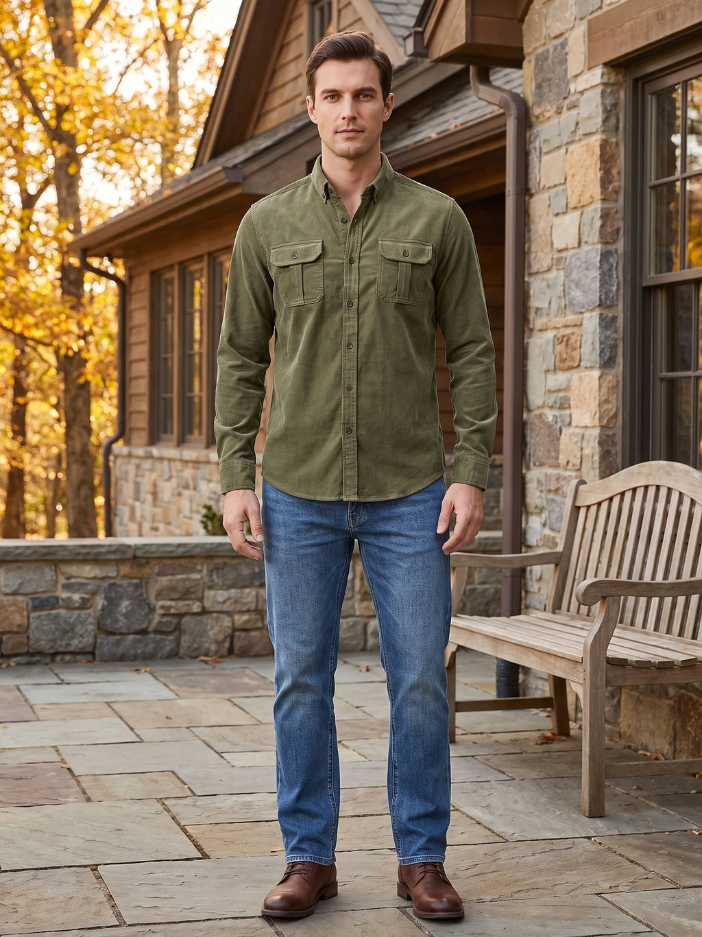 Man wearing a Green Twill Tweed Shirt with button-flap chest pockets on a stone patio outside a home.