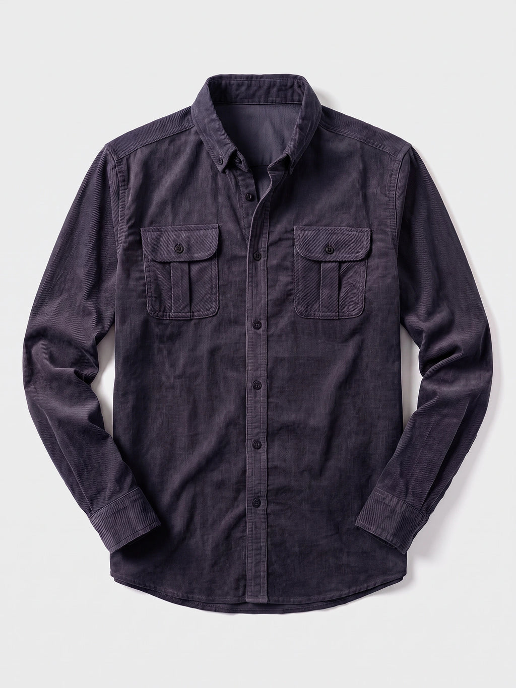 Navy Twill Tweed Shirt laid flat, featuring a button-down collar, full button placket, and two button-flap chest pockets.