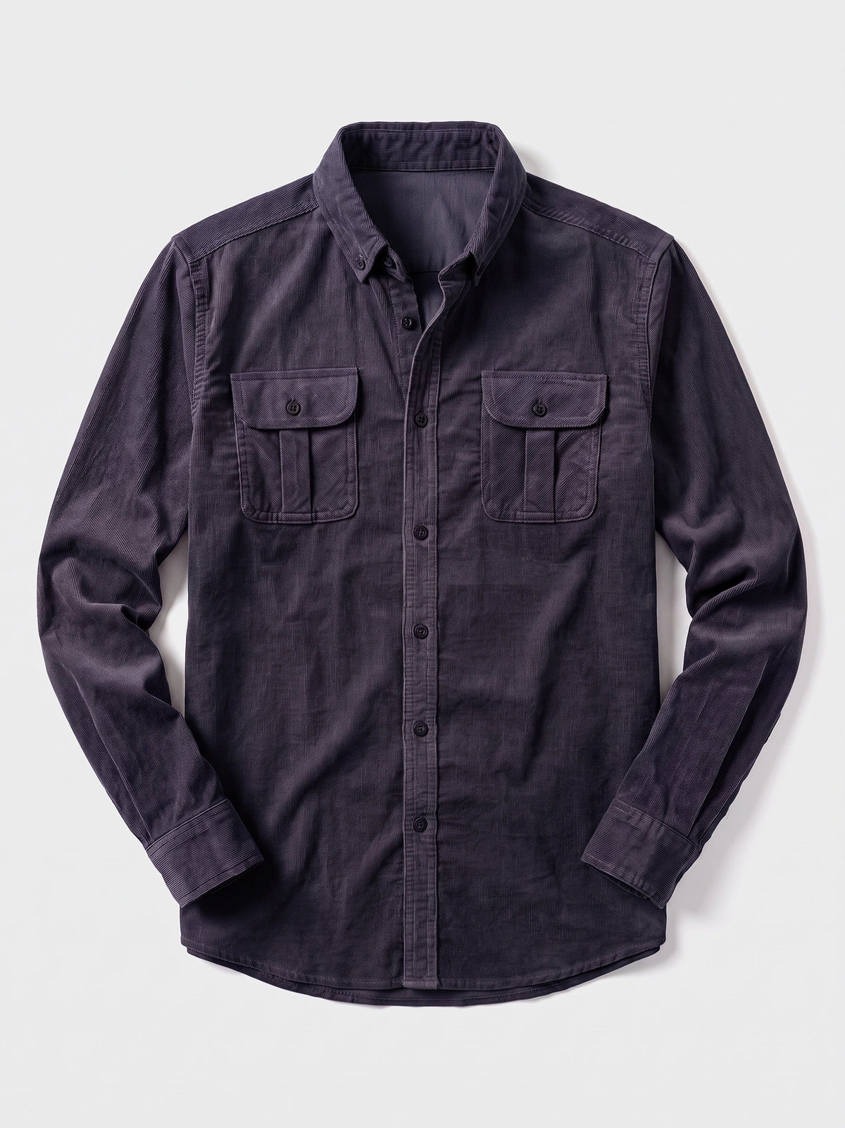 Navy Twill Tweed Shirt laid flat, featuring a button-down collar, full button placket, and two button-flap chest pockets.