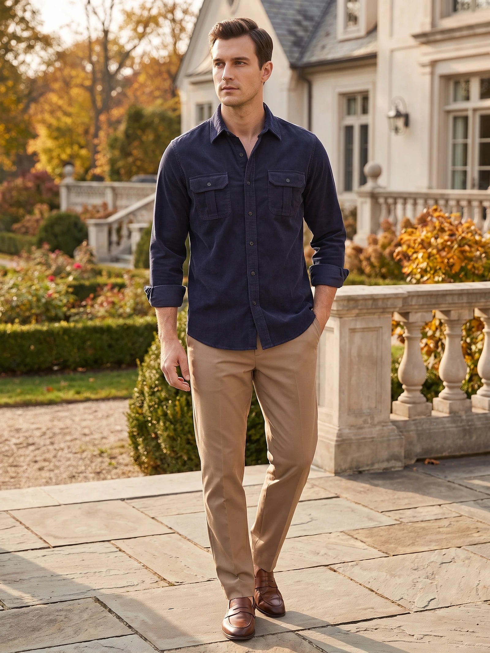 Model wearing a Navy Twill Tweed Shirt with rolled sleeves and flap chest pockets while walking beside a landscaped home.