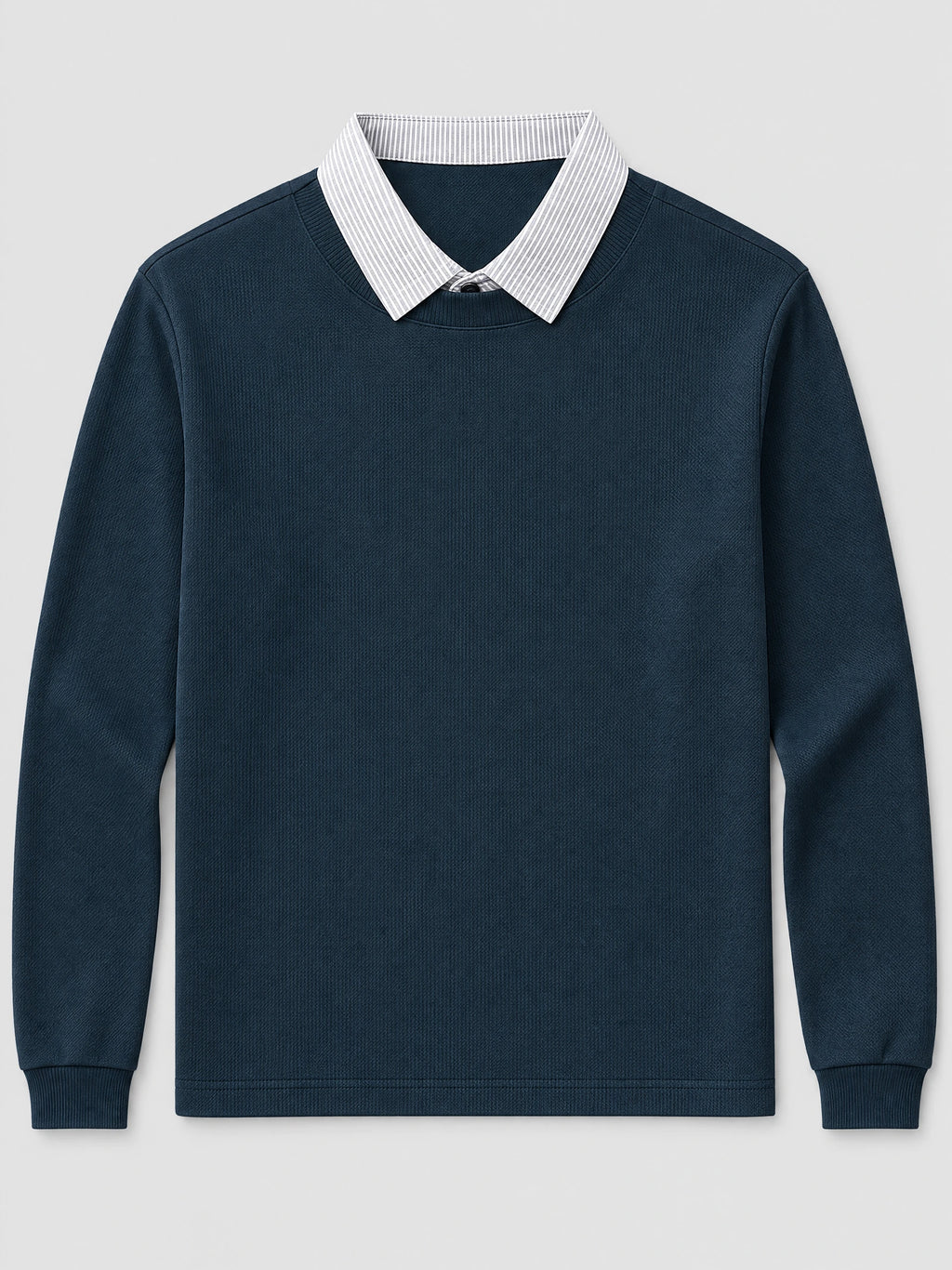 Navy Two Piece Polo Shirt laid flat, featuring long sleeves, ribbed cuffs, and a striped collar detail.