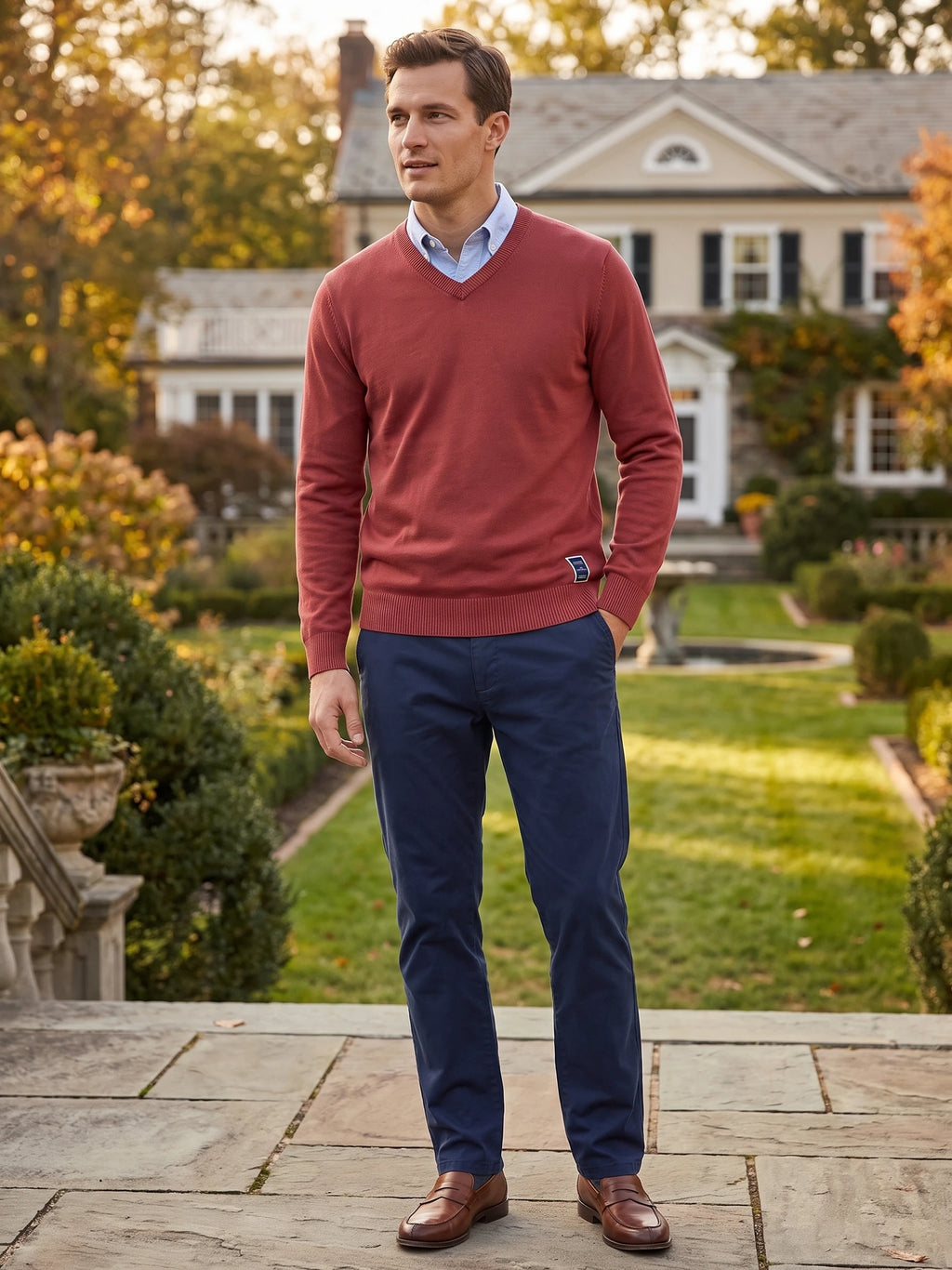 Man wearing a Red cotton V-neck Sweater over a collared shirt on a garden path outside a house.