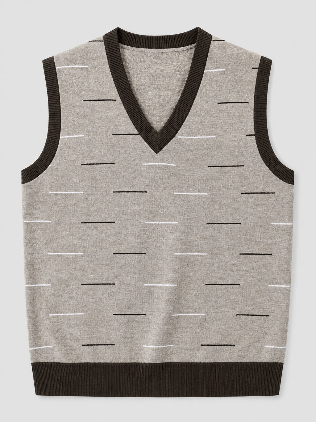 Beige v neck sweater vest laid flat, featuring ribbed trim and a scattered linear knit pattern.