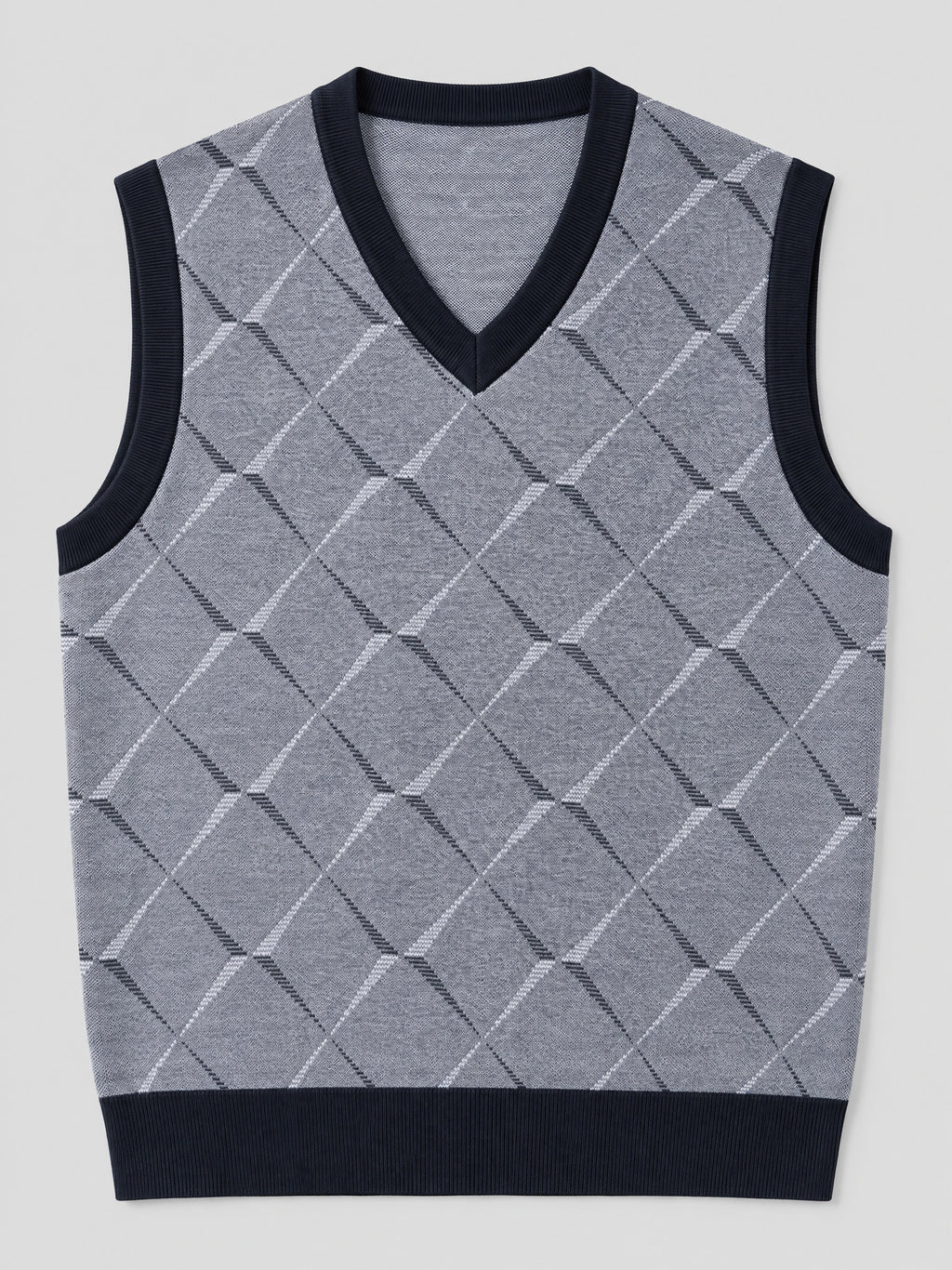 Gray v neck sweater vest laid flat, featuring an argyle knit pattern and ribbed V-neck, armholes, and hem.