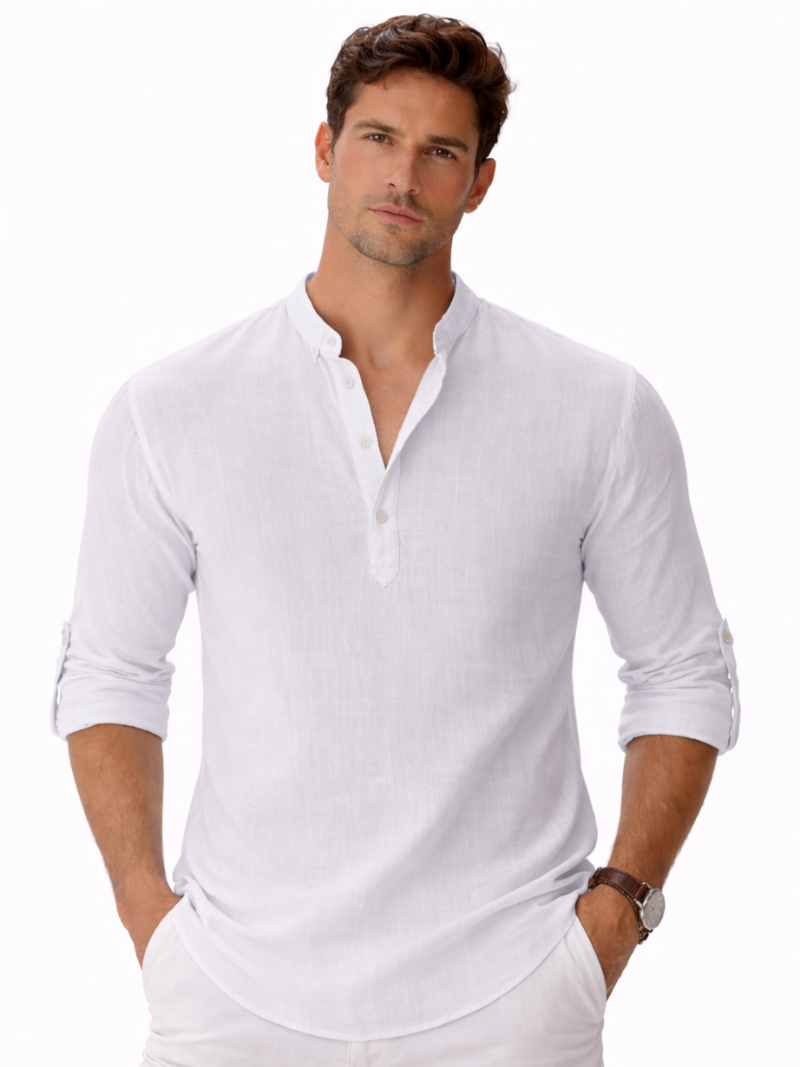 Men wearing white collarless linen shirt button up lightweight breathable clean summer style