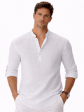 Men wearing white collarless linen shirt button up lightweight breathable clean summer style