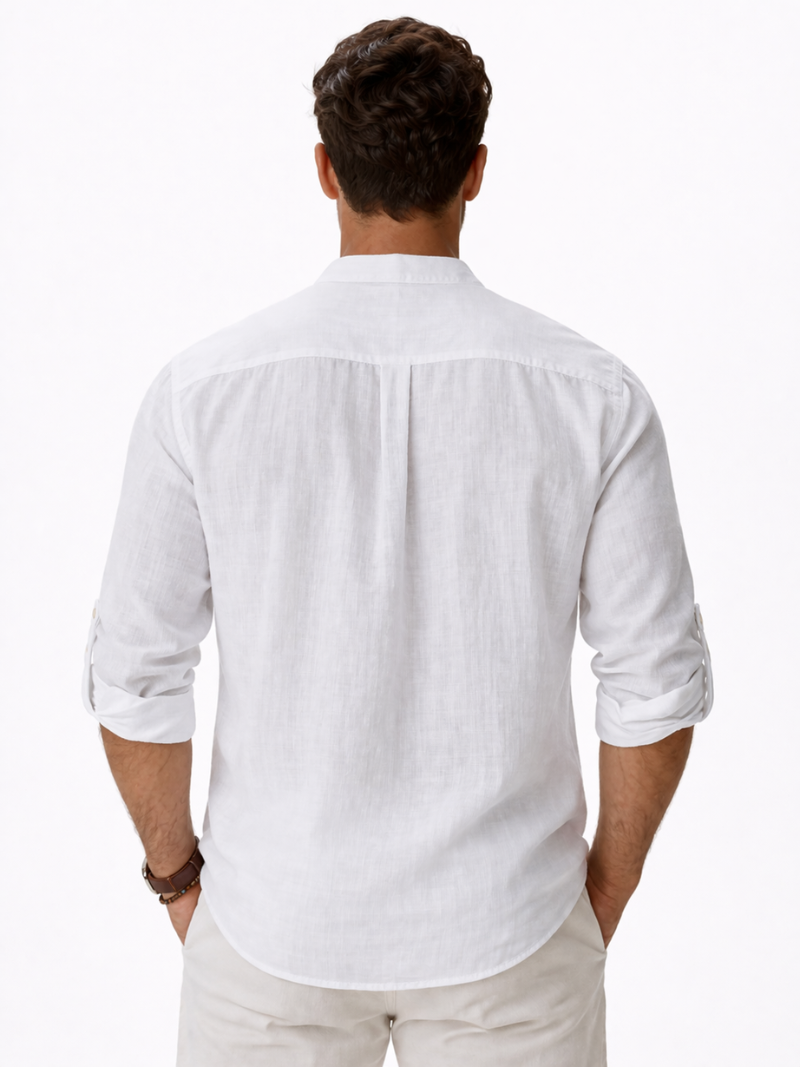 White linen button up shirt collarless design soft breathable fabric refined casual outfit