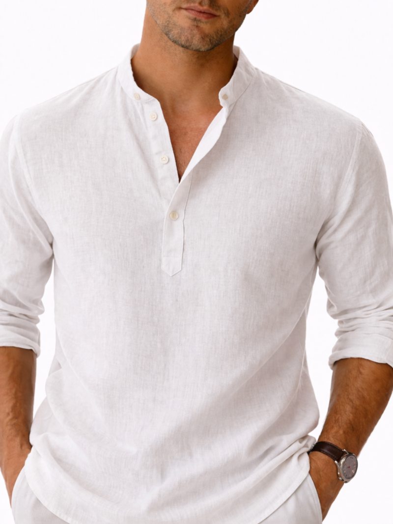 White collarless linen shirt button up soft breathable fabric minimal elegant summer look