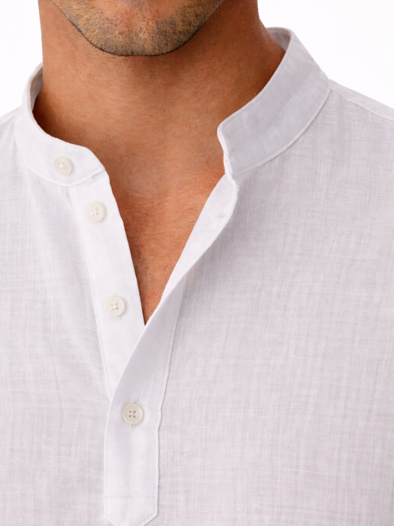 Men’s white linen shirt collarless button up lightweight comfortable beach and vacation wear