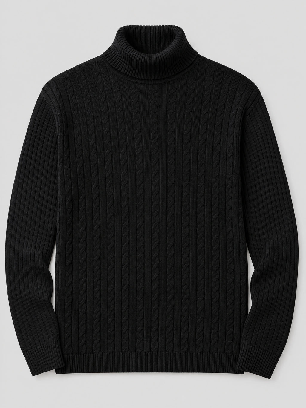 Black men's Winter Sweater laid flat, featuring a ribbed turtleneck, cable-knit front, and long ribbed sleeves.