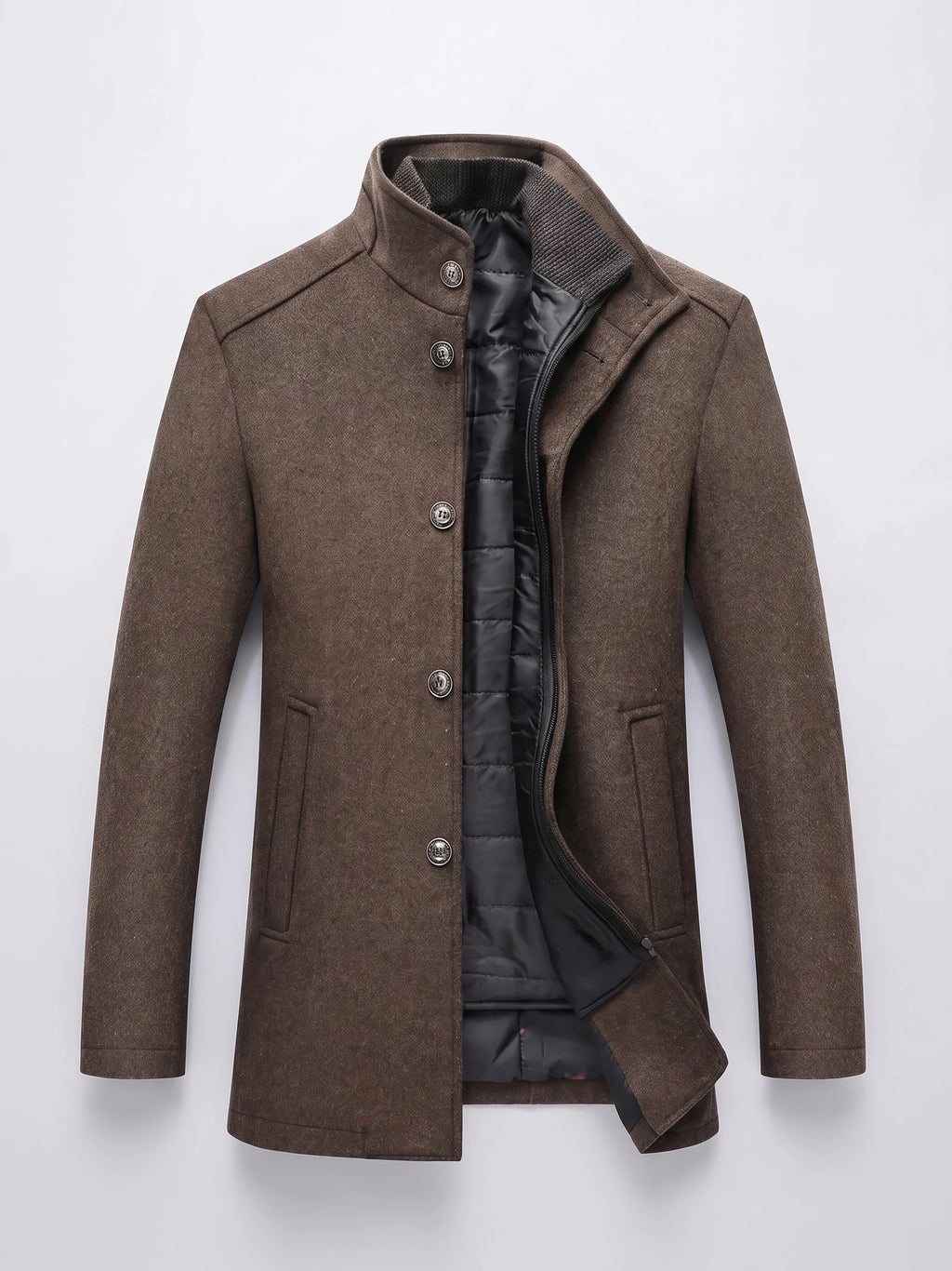 Brown wool overcoat laid flat with a stand collar, button closure, zippered inner layer, and quilted lining.