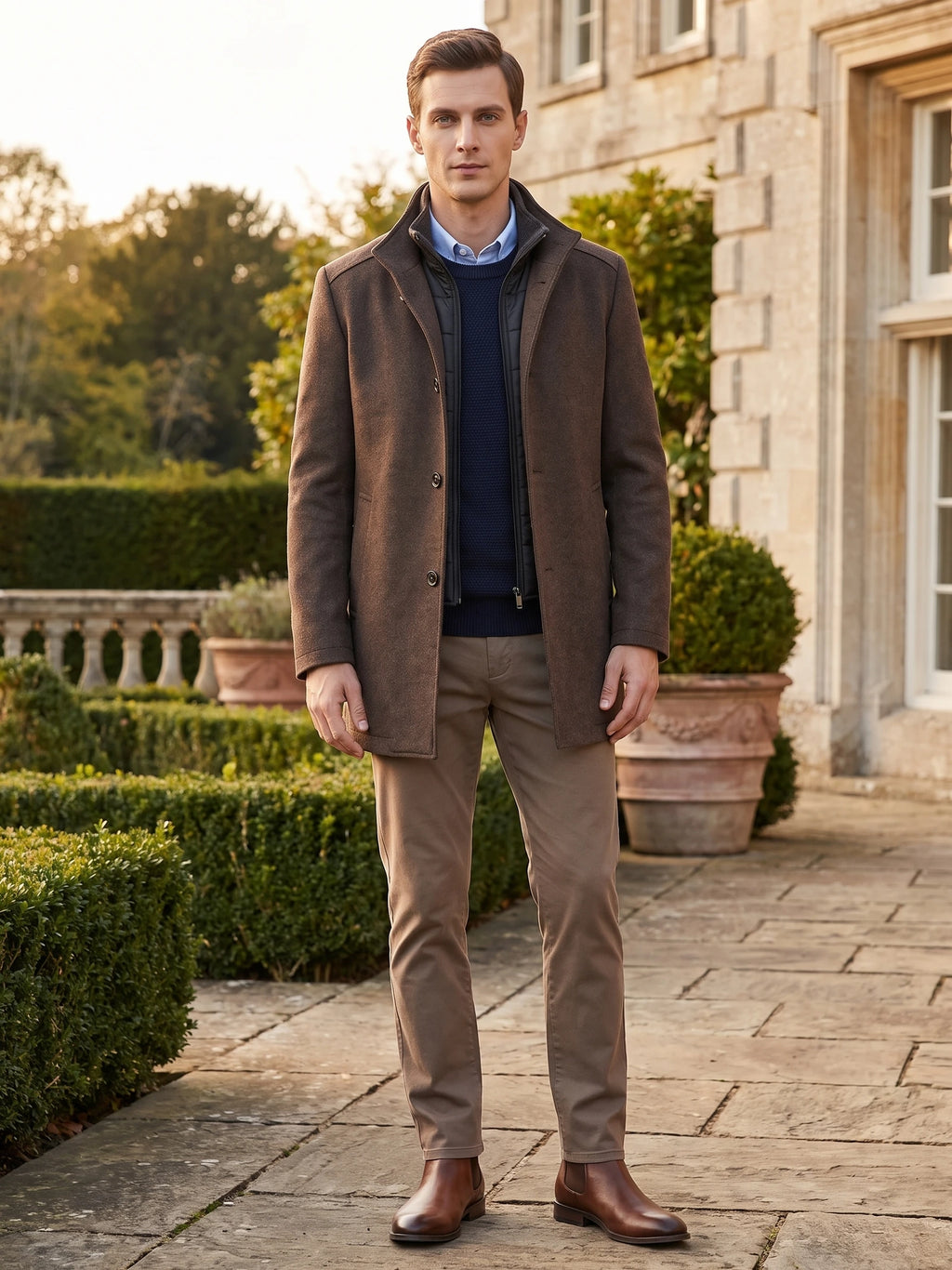 Man wearing a Brown wool overcoat with a stand collar on a garden path beside a stone building.