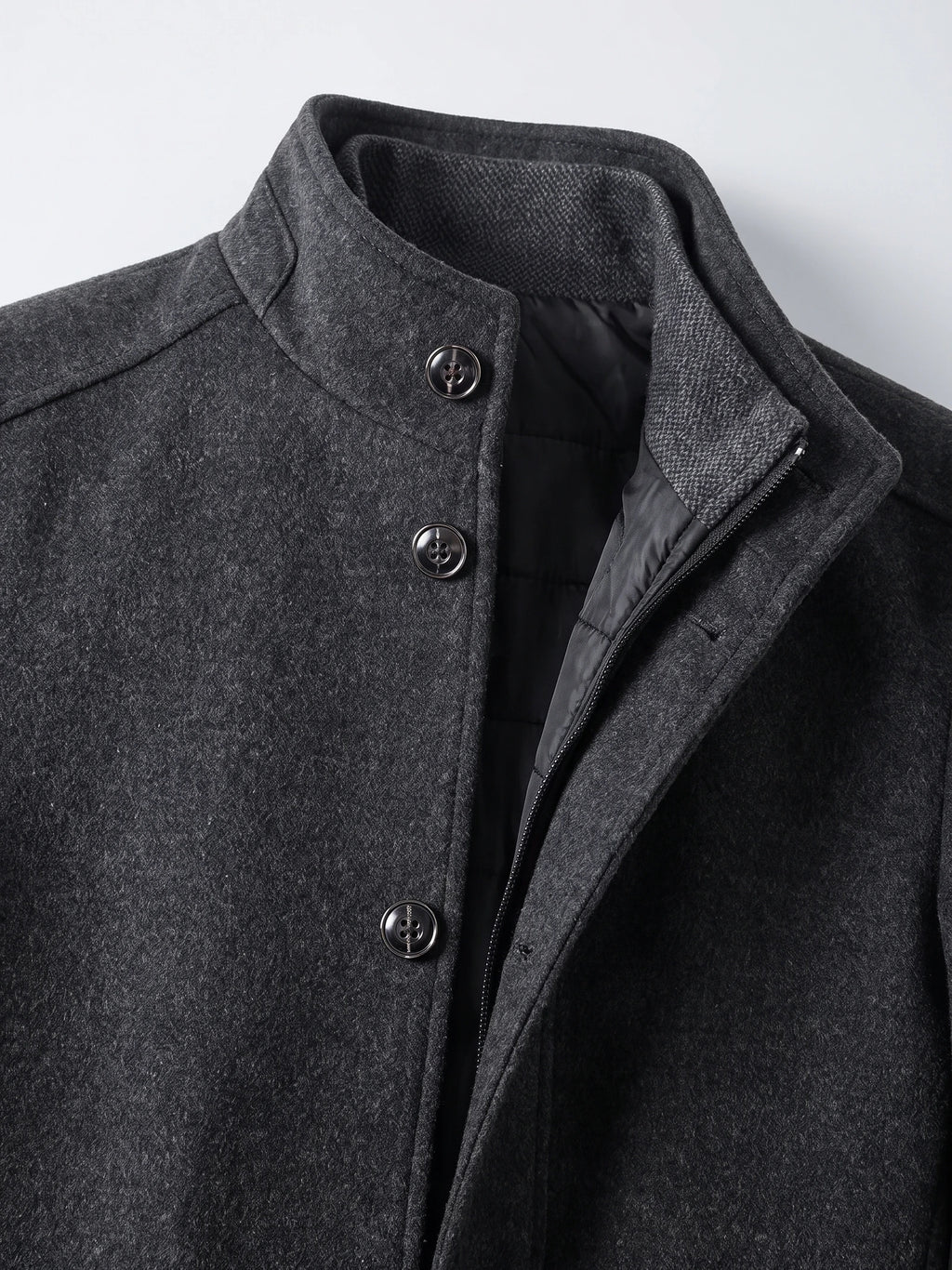 Close-up of the Gray wool overcoat’s stand collar, button-front placket, and zippered inner closure.