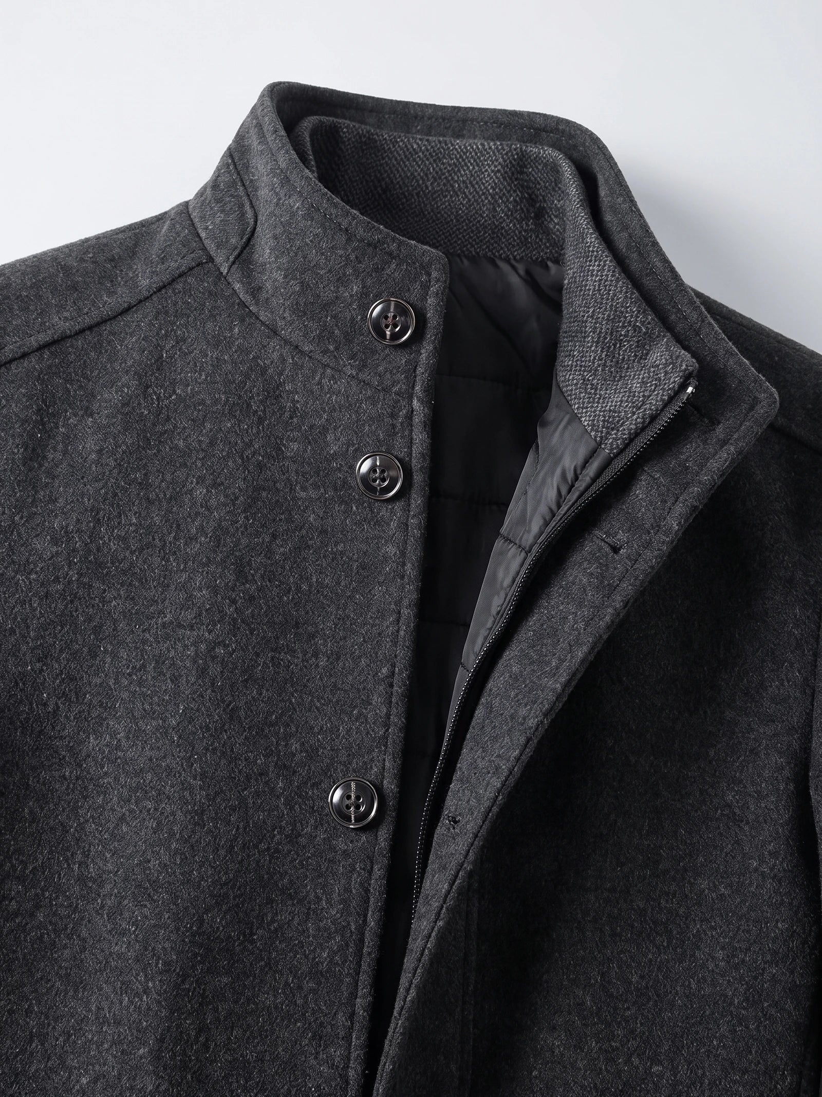 Close-up of the Gray wool overcoat’s stand collar, button-front placket, and zippered inner closure.