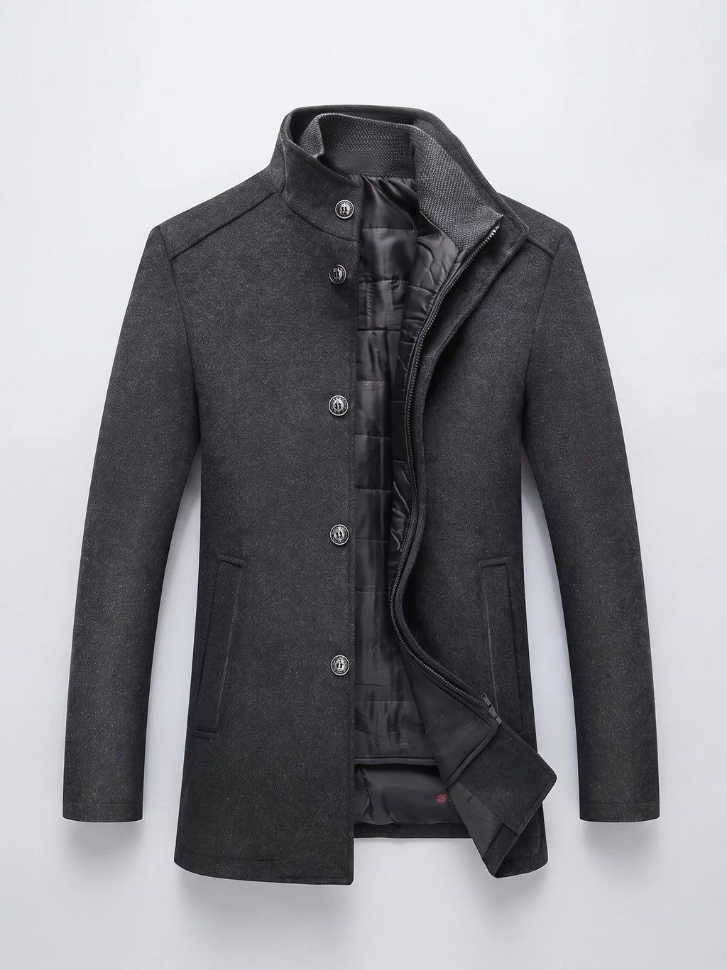 Gray wool overcoat laid flat with a stand collar, button-front closure, zippered inner layer, and quilted lining.