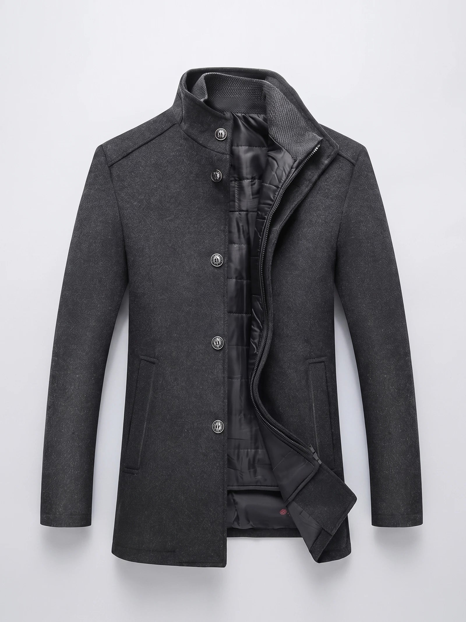 Gray wool overcoat laid flat with a stand collar, button-front closure, zippered inner layer, and quilted lining.