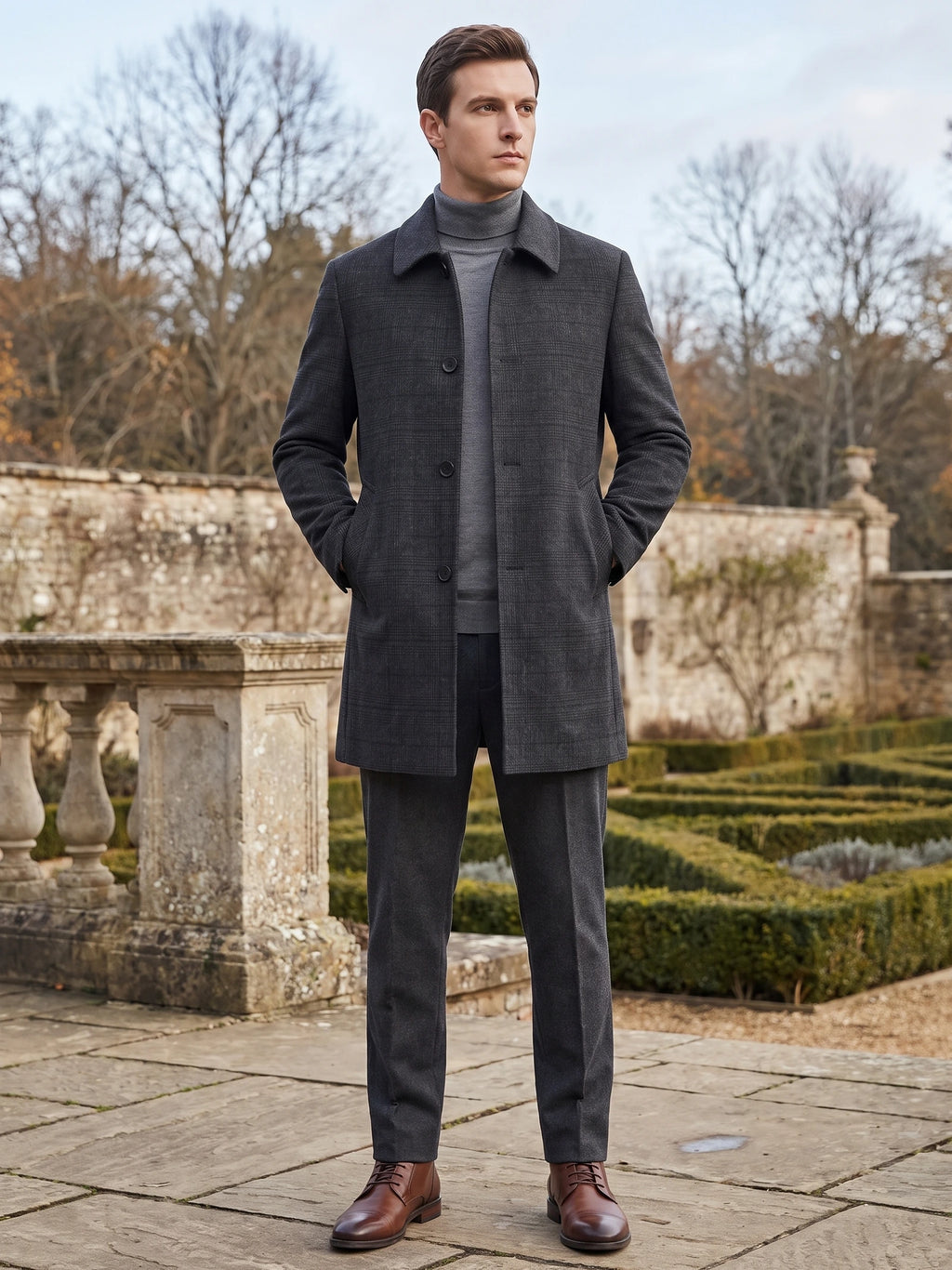 Man wearing a Black Wool Trench Coat with hands in pockets on a stone terrace beside a formal garden.