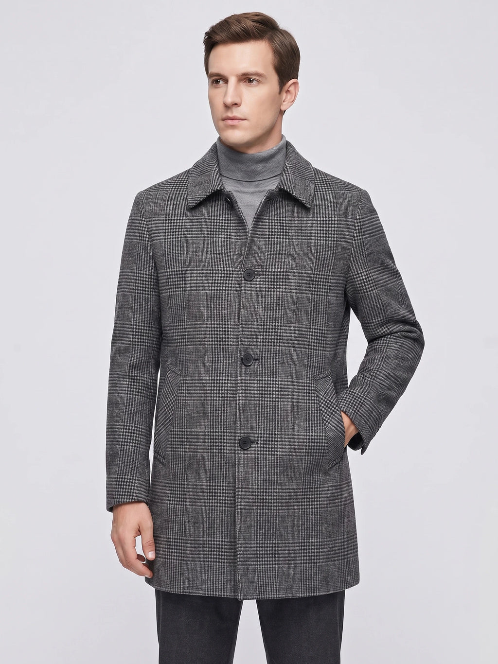 Front studio view of a model wearing a Gray Wool Trench Coat with a plaid pattern, pointed collar, button closure, and angled pockets.