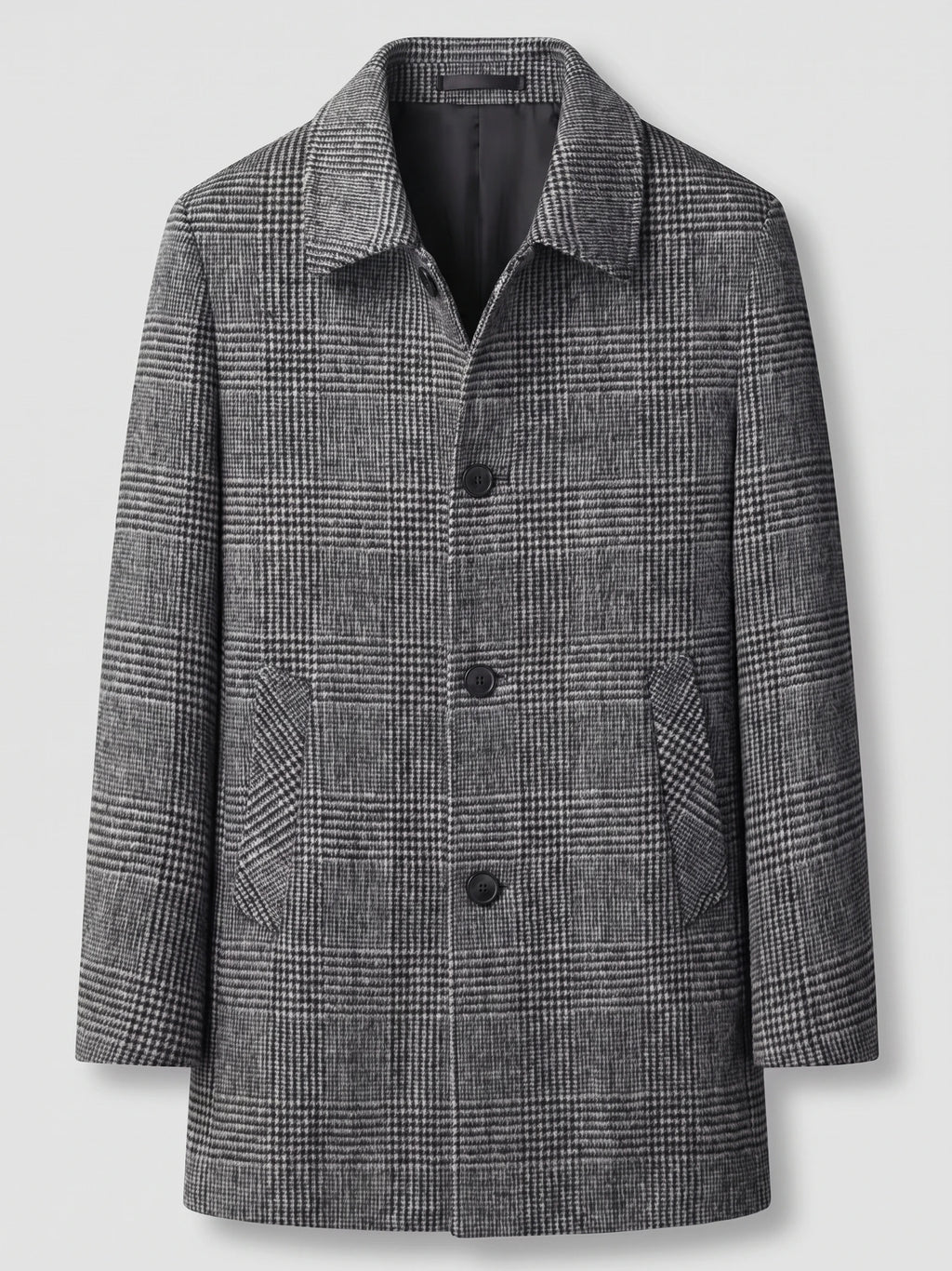 Gray Wool Trench Coat laid flat, showing a checked pattern, wide lapels, button front, and flap pockets.