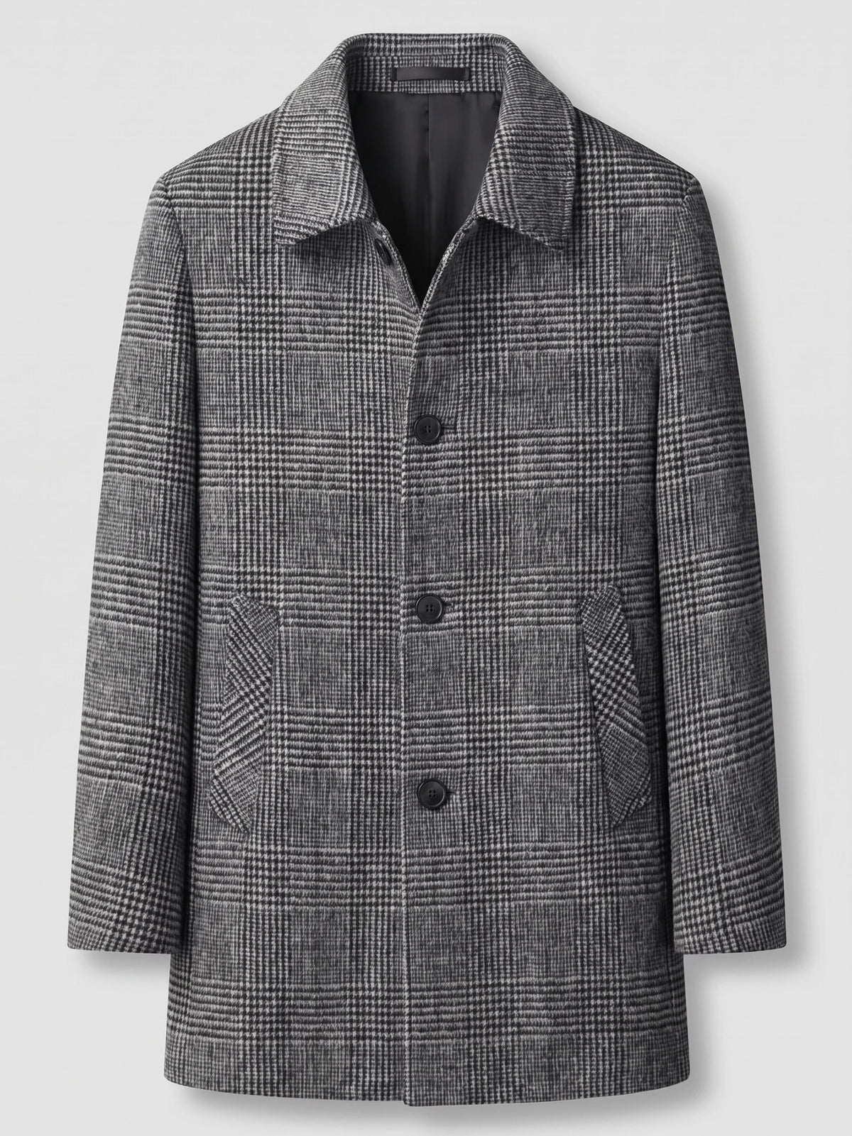 Gray Wool Trench Coat laid flat, showing a checked pattern, wide lapels, button front, and flap pockets.