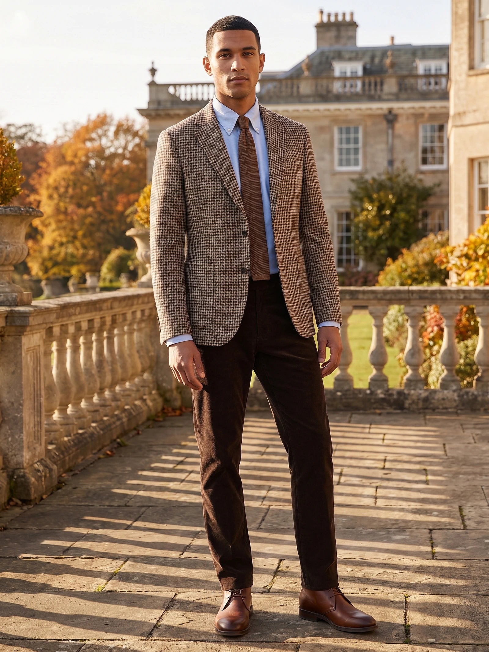 Model wearing a Brown Wool Tweed Blazer with houndstooth pattern on a sunlit stone terrace outside an estate.