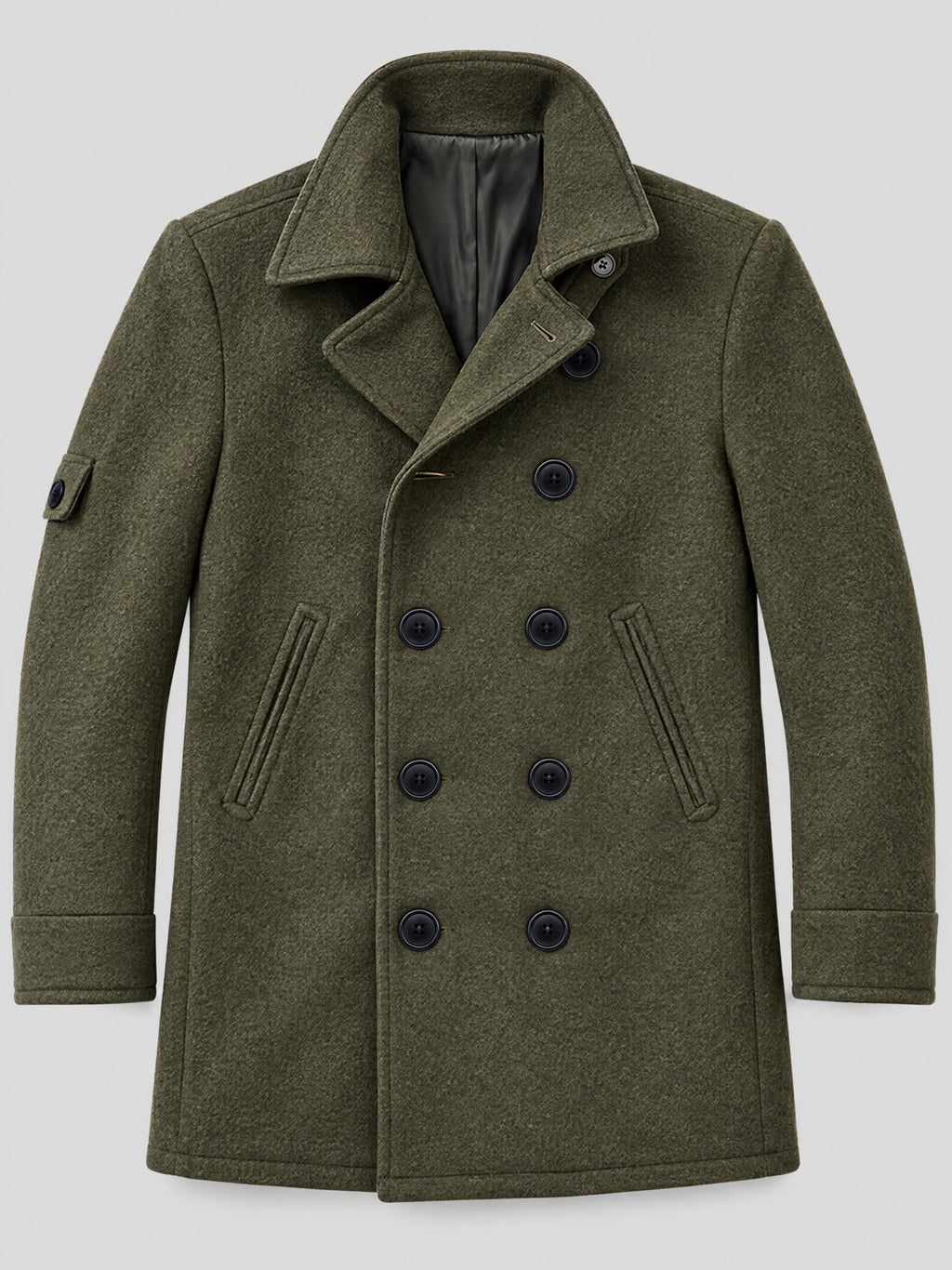 Green wool winter coat laid flat, featuring a double-breasted front, wide collar, buttoned cuffs, and angled pockets.