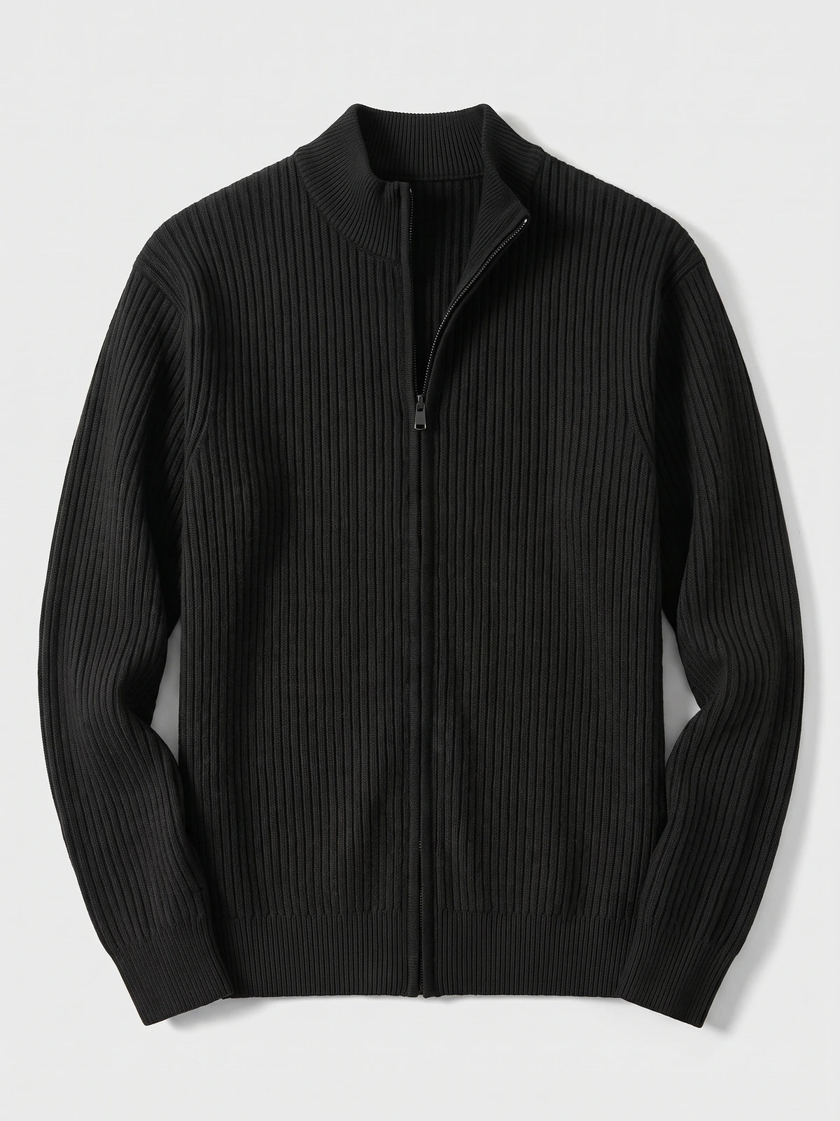 Black zip up cardigan laid flat, featuring a ribbed knit texture, stand collar, and long sleeves.